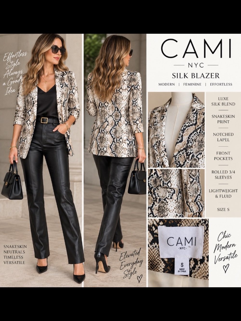 CAMI NYC Silk Snakeskin Print Blazer Jacket Size S Neutral